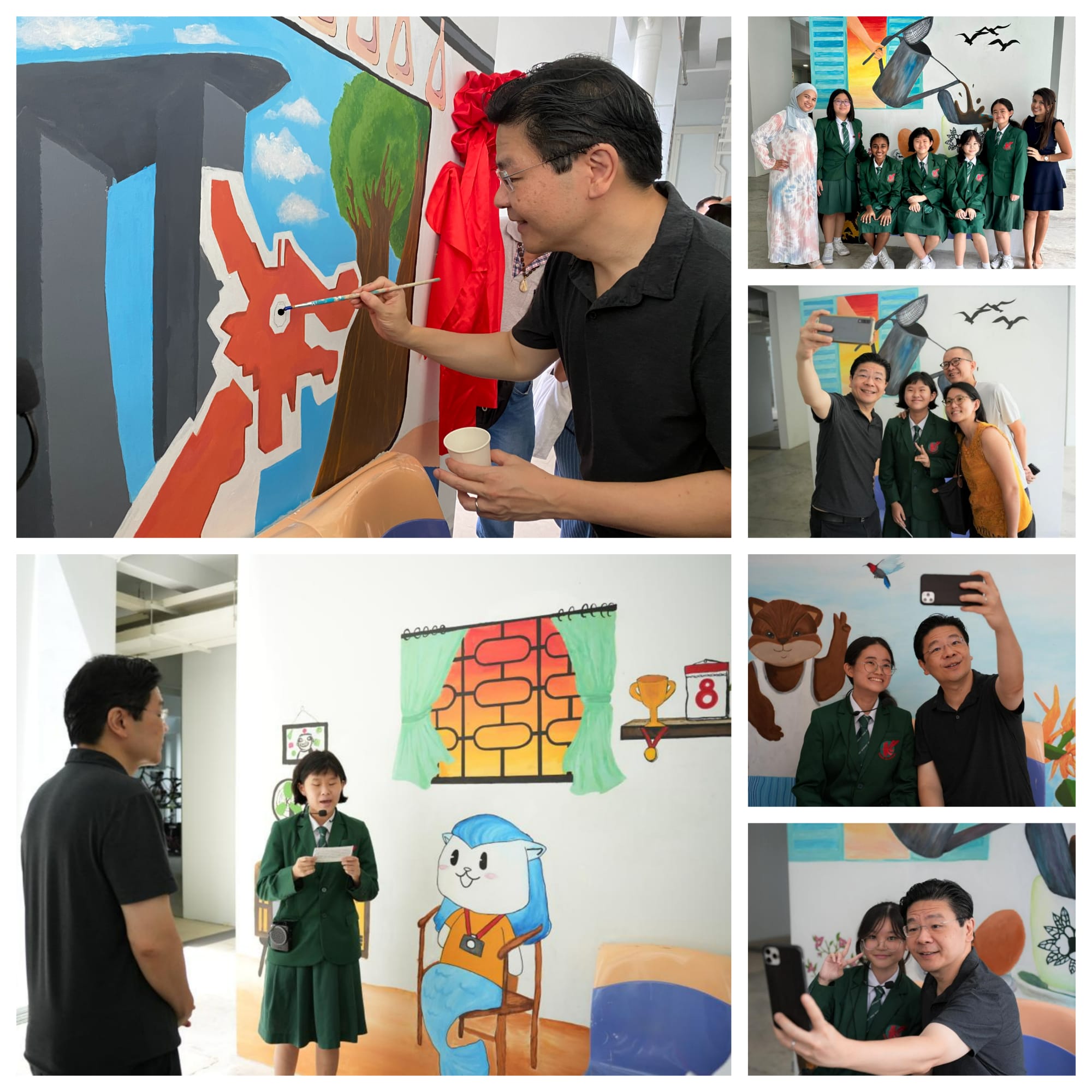 Collage of people in school uniforms posing near colorful murals, and a man painting a wall mural with a brush.